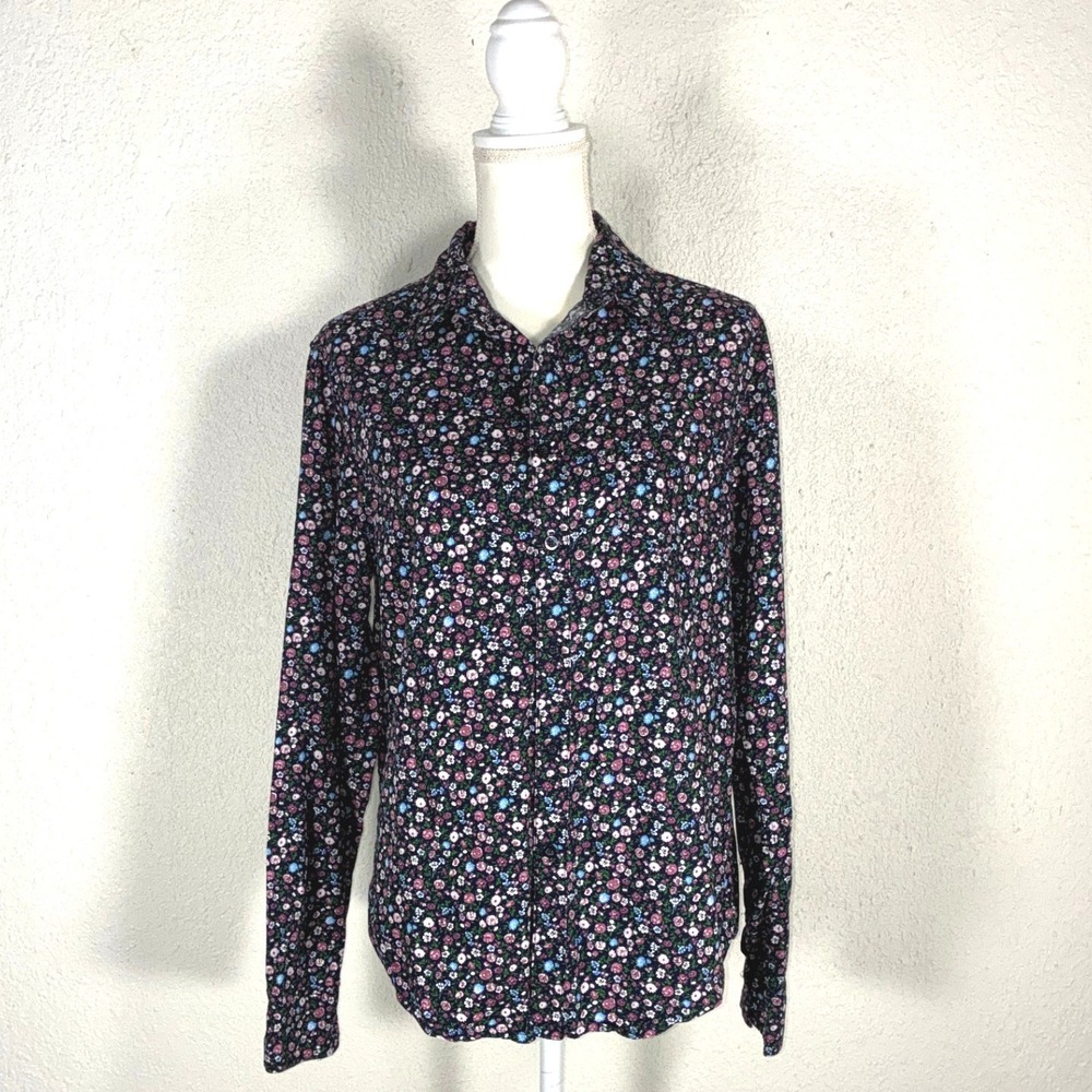 Eighth Avenue Womens Navy Blue Ditsy Floral Cotton Button Down Shirt Size Medium